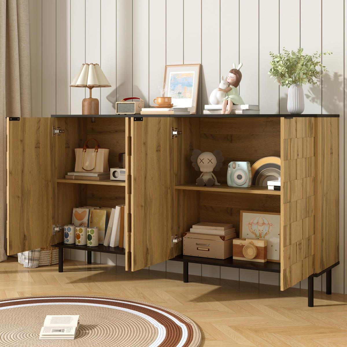 SIDEBOARD 160/35/80,5 cm mit 2 Türen in Natur/Schwarz & Mosaikfronten - Naturfarben, Holzwerkstoff (160/80/35cm) - BEAOK