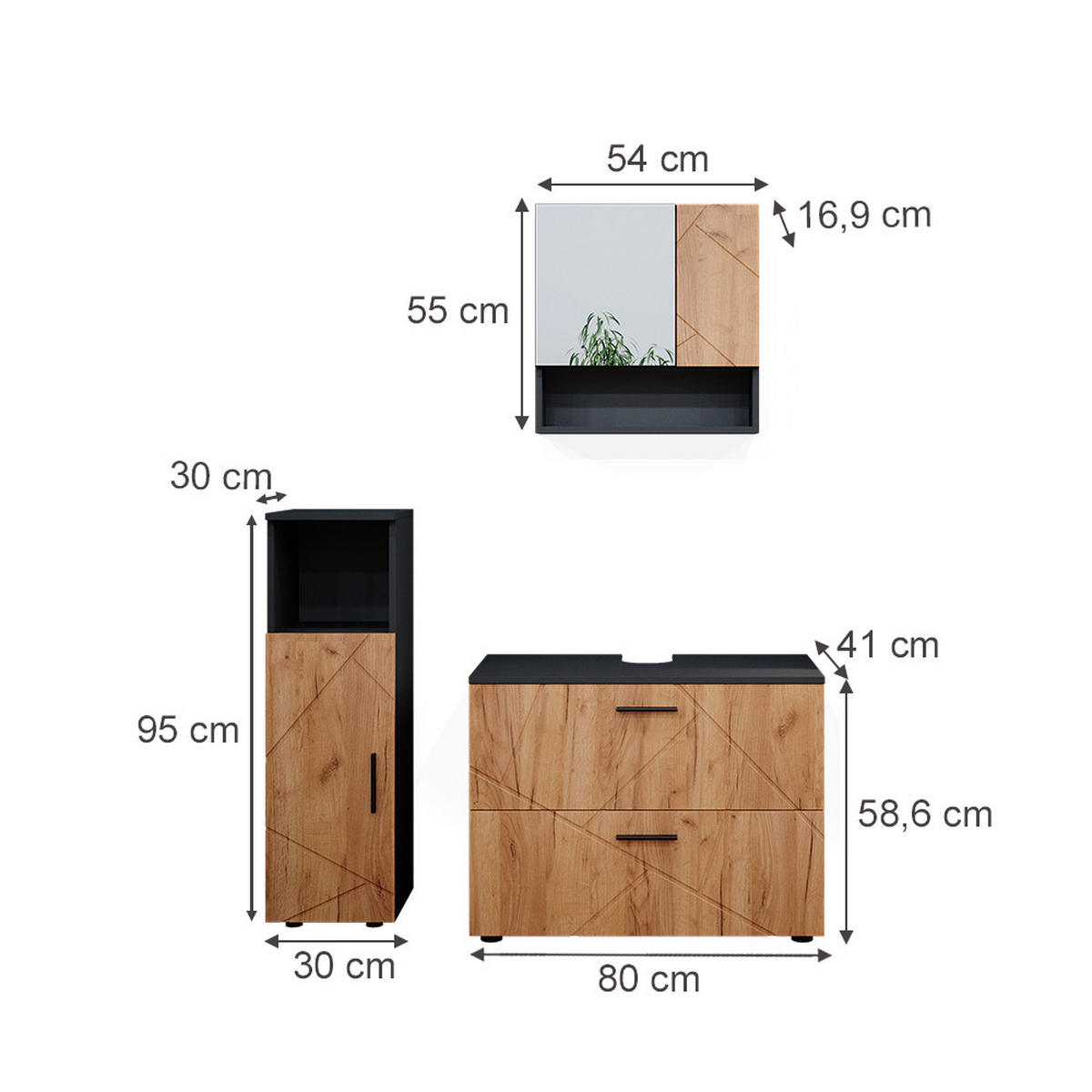 BADMÖBEL-SET Irma Goldkraft Eiche/Anthrazit 3 Teile, mit Midischrank - Honigeiche/Anthrazit, Holzwerkstoff (80/58.6/41cm) - Vicco