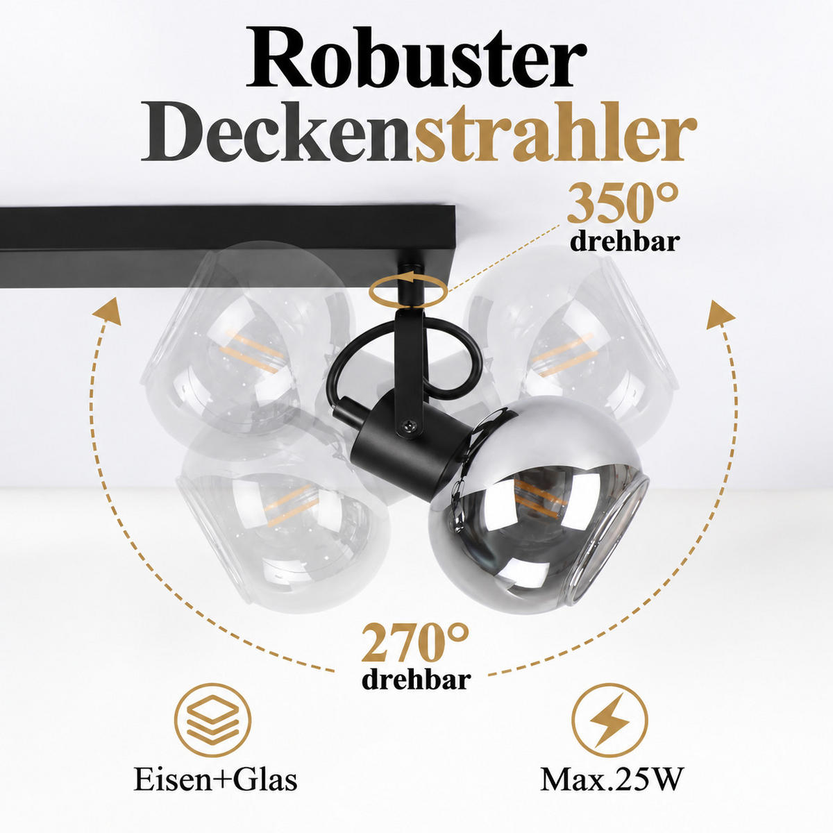 DECKENSTRAHLER Xandol 38/11/17 cm - Schwarz, Glas/Metall (38/11/17cm) - ZMH