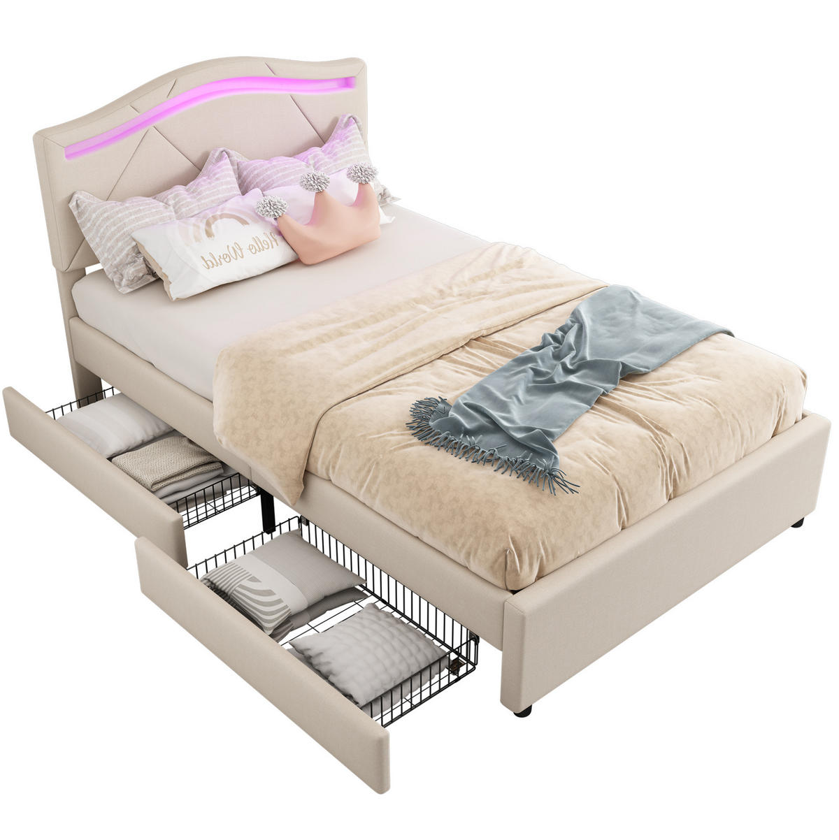 POLSTERBETT 90/200 cm mit LED-Beleuchtung, 2 Schubladen und verstellbarem Kopfteil aus Leinen, Beige - Beige, Textil (90/200cm) - Redom