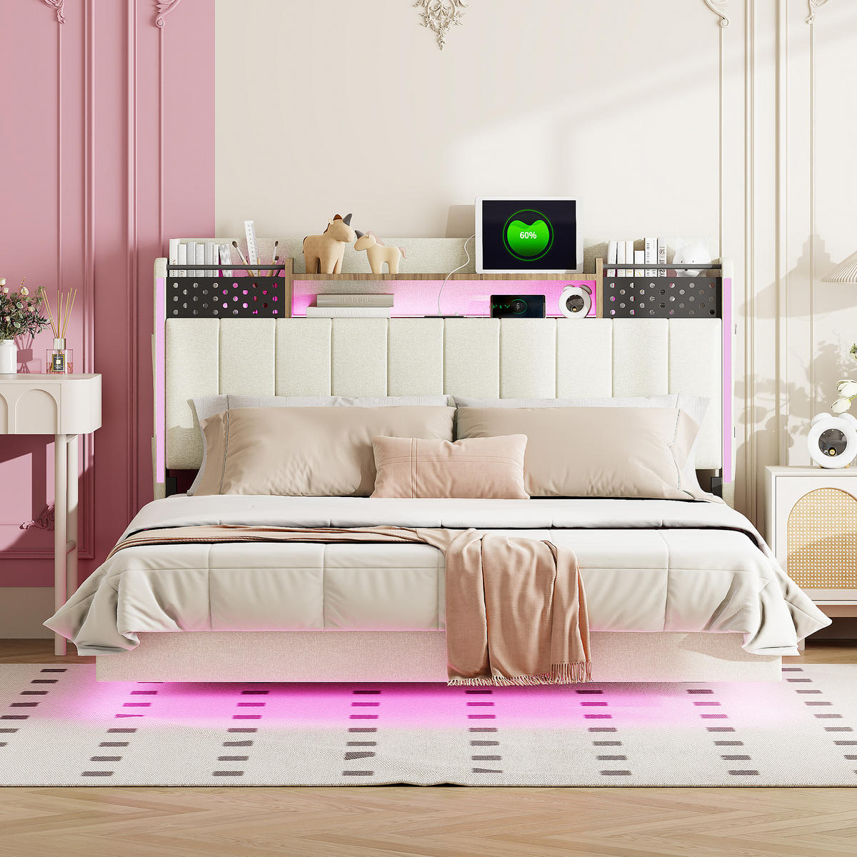 POLSTERBETT 140/200 cm beige aus Leinenstoff mit LED und USB-Anschluss mit Stauraum - Beige, Textil (140/200cm) - OKWISH