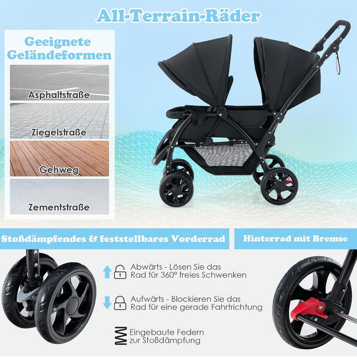 GESCHWISTERWAGEN klappbar schwarz - Schwarz, Metall (57/123/95cm) - COSTWAY
