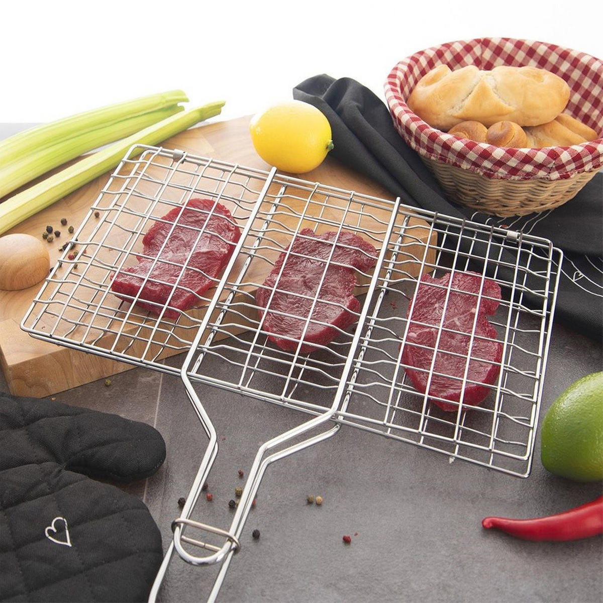 GRILLROST doppelseitig Holzgriff 55 cm Silberfarben - Silberfarben, Metall (35/4/55cm) - Orion 
