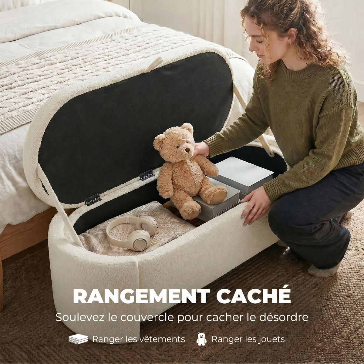 TRUHENBANK DE-16459 oval mit Teddyfell-Bezug und Stauraum Creme - Creme, Textil (129/44/48.5cm) - ComfortXL
