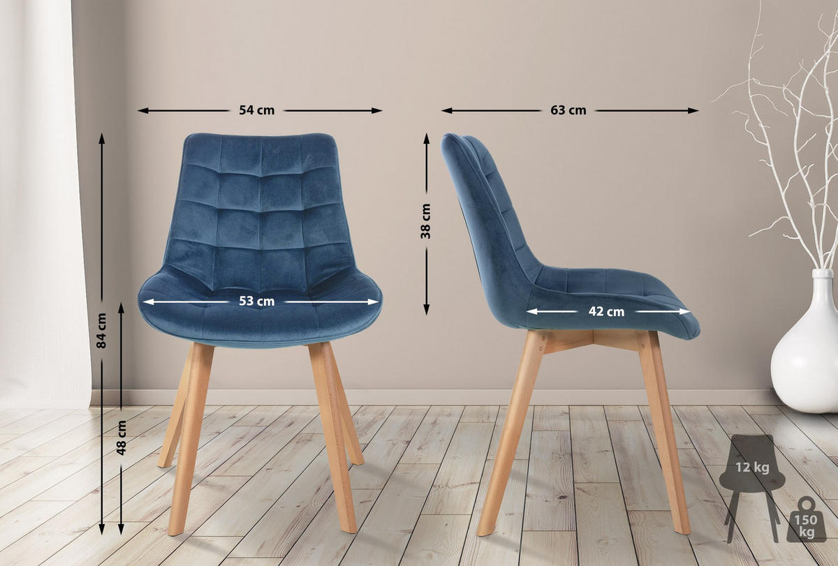 STUHL Samt blau - Blau/Eukalyptusholzfarben, Holz/Textil (54/84/63cm) - CLP