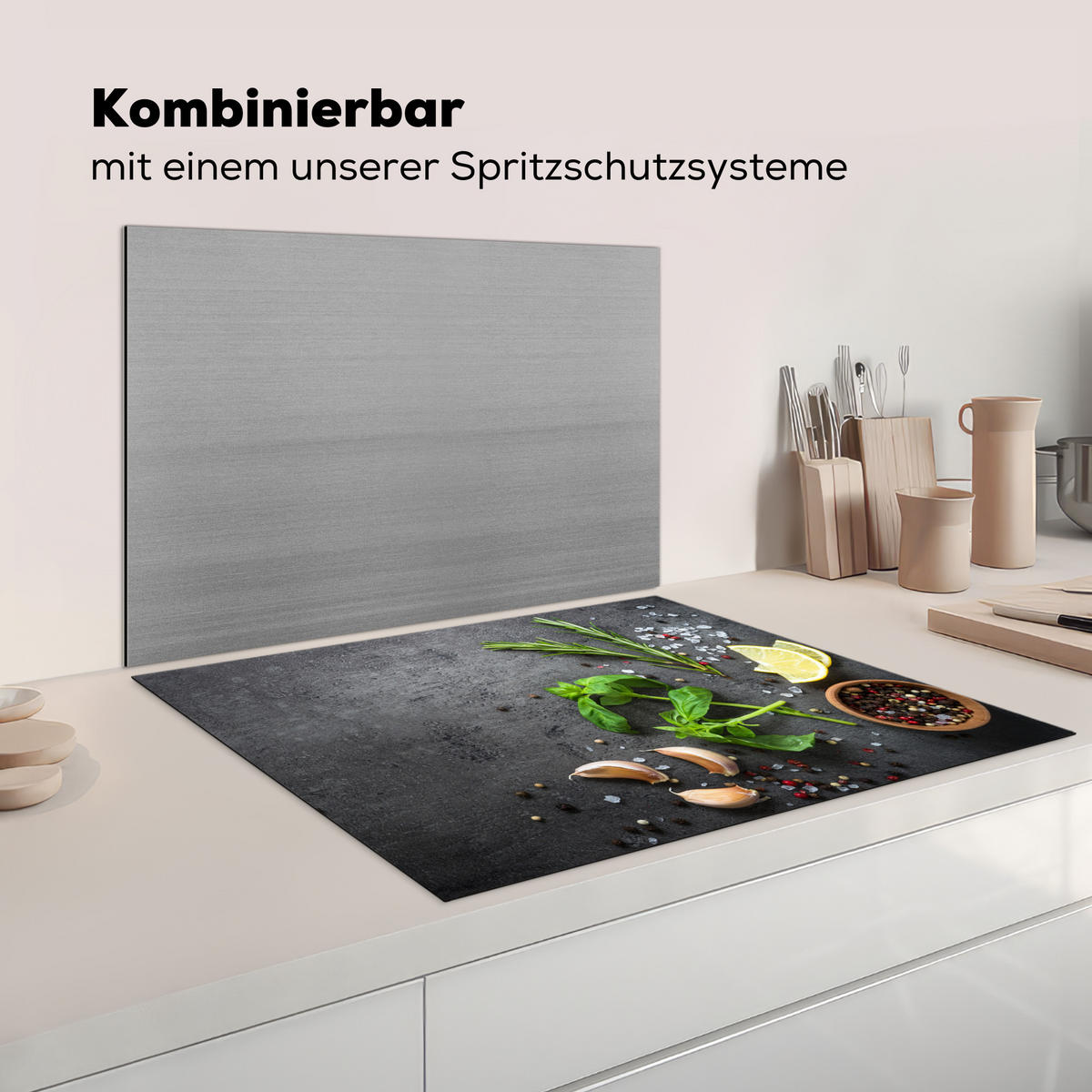 KRYT NA INDUKČNÍ DESKU Limetka - Bylinky - Koření - Zelená - Šedá - Beton 77x59 cm - zelená barva, plast (77/59/0.2cm) - MuchoWow