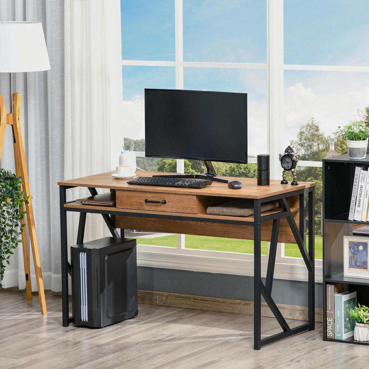 SCHREIBTISCH Schwarz und Walnuss-Optik mit Schublade und 2 Fächern 120/60/76 cm - Walnussfarben, Holzwerkstoff (60/120/76cm) - PANGIVO