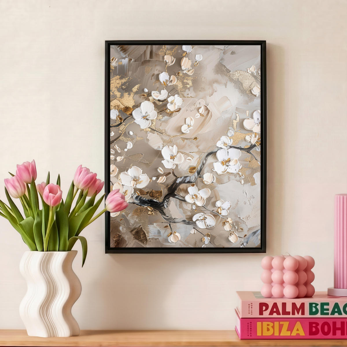 LEINWAND Bilder mit Rahmen - Blumen - Weiß - Gold - Beige - Luxus - 30x40 - Greige, Textil (30/40cm) - MuchoWow