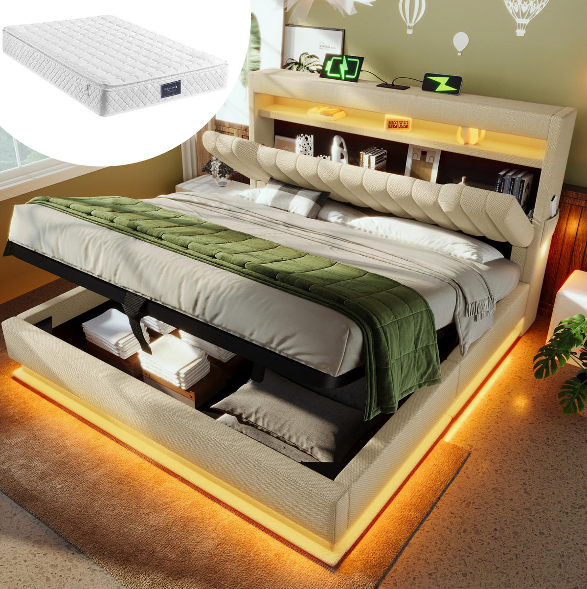 POLSTERBETT 140/200 cm Beige aus Leinen mit Matratze und LED - Beige, Textil (140/200cm) - OKMYHOME