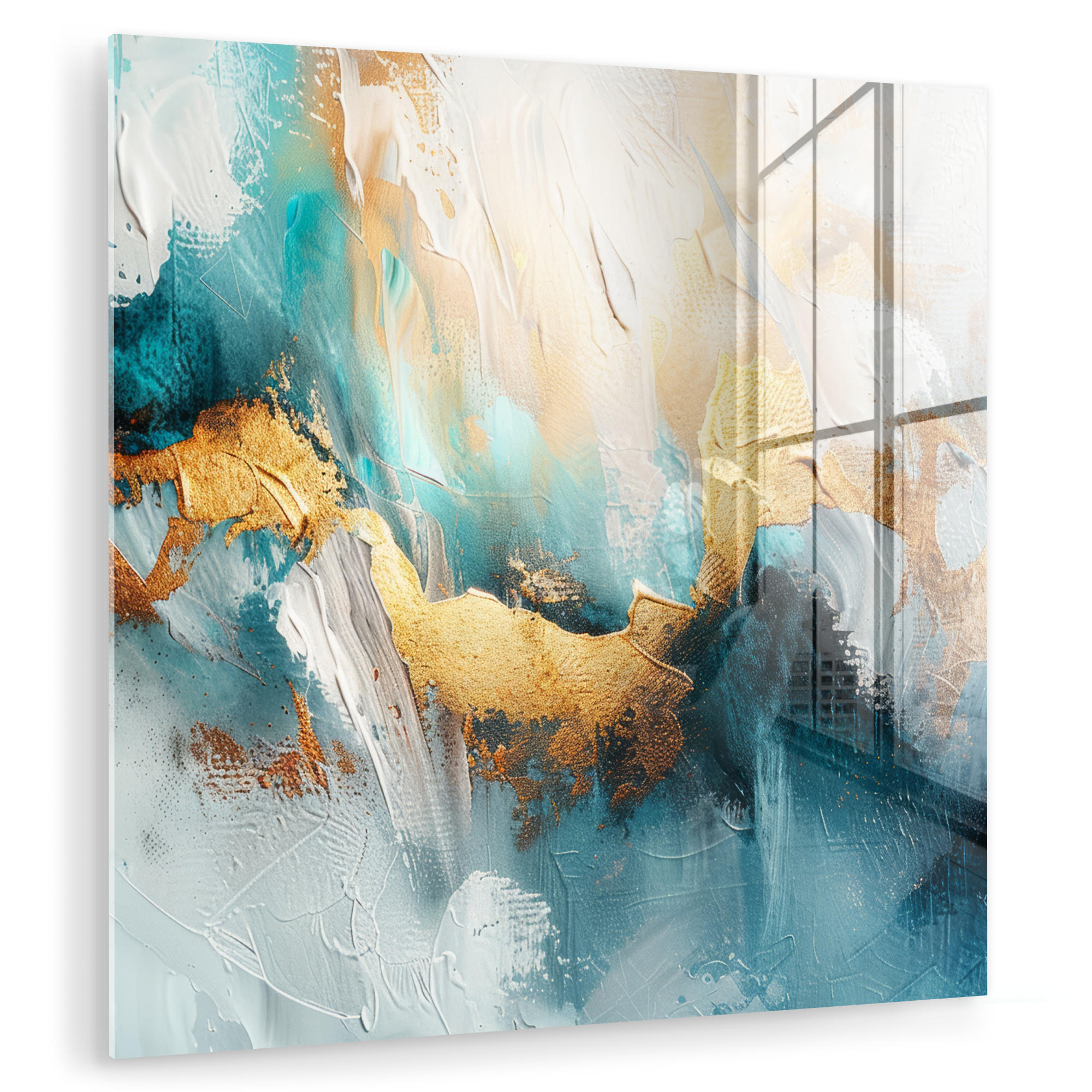 ACRYLGLASBILD Abstrakt - Kunst - Gold - Blau 90x90 cm - Petrol, Glas (90/90cm) - MuchoWow