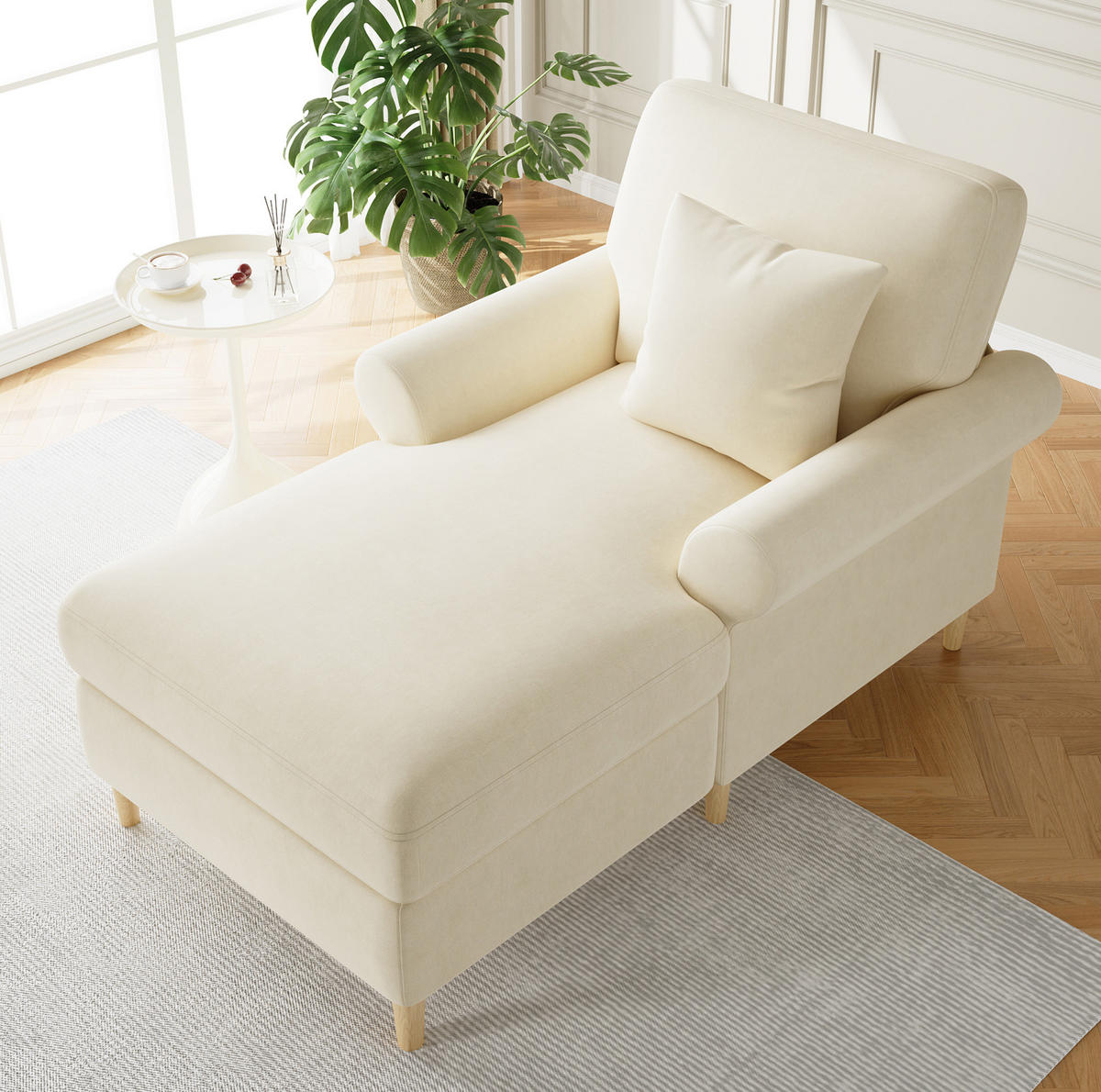 SCHLAFSESSEL 133/87/90 cm in Beige aus Samt mit Liegefunktion und Kissen - Beige, Textil (87/90/133cm) - Flora Grace