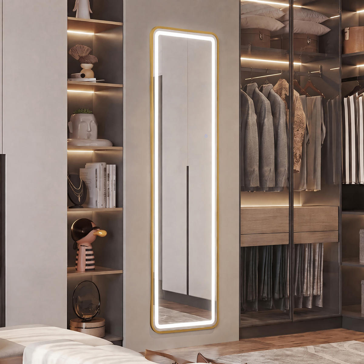 WANDSPIEGEL LED 150 x 40 cm aus Sicherheitsglas, abgerundete rechteckige Form, gold - Goldfarben, Metall (40/150/3cm)