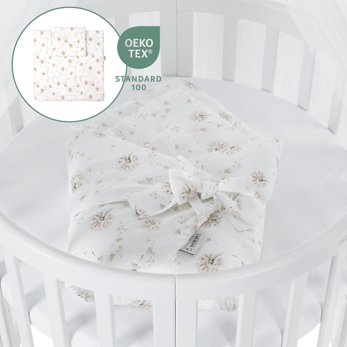 BABYBETT WHITE OVAL 7in1 mit Matratze und Himmelset - Weiß/Braun, Holz/Textil