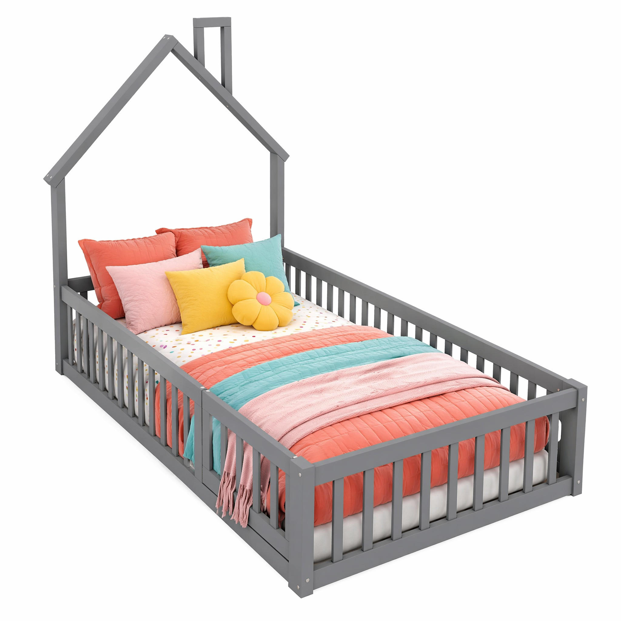 HAUSBETT 90/200 mit Sicherheitsgitter und Schornsteinform in Grau - Grau, Holzwerkstoff (90/200cm) - EVRYAE