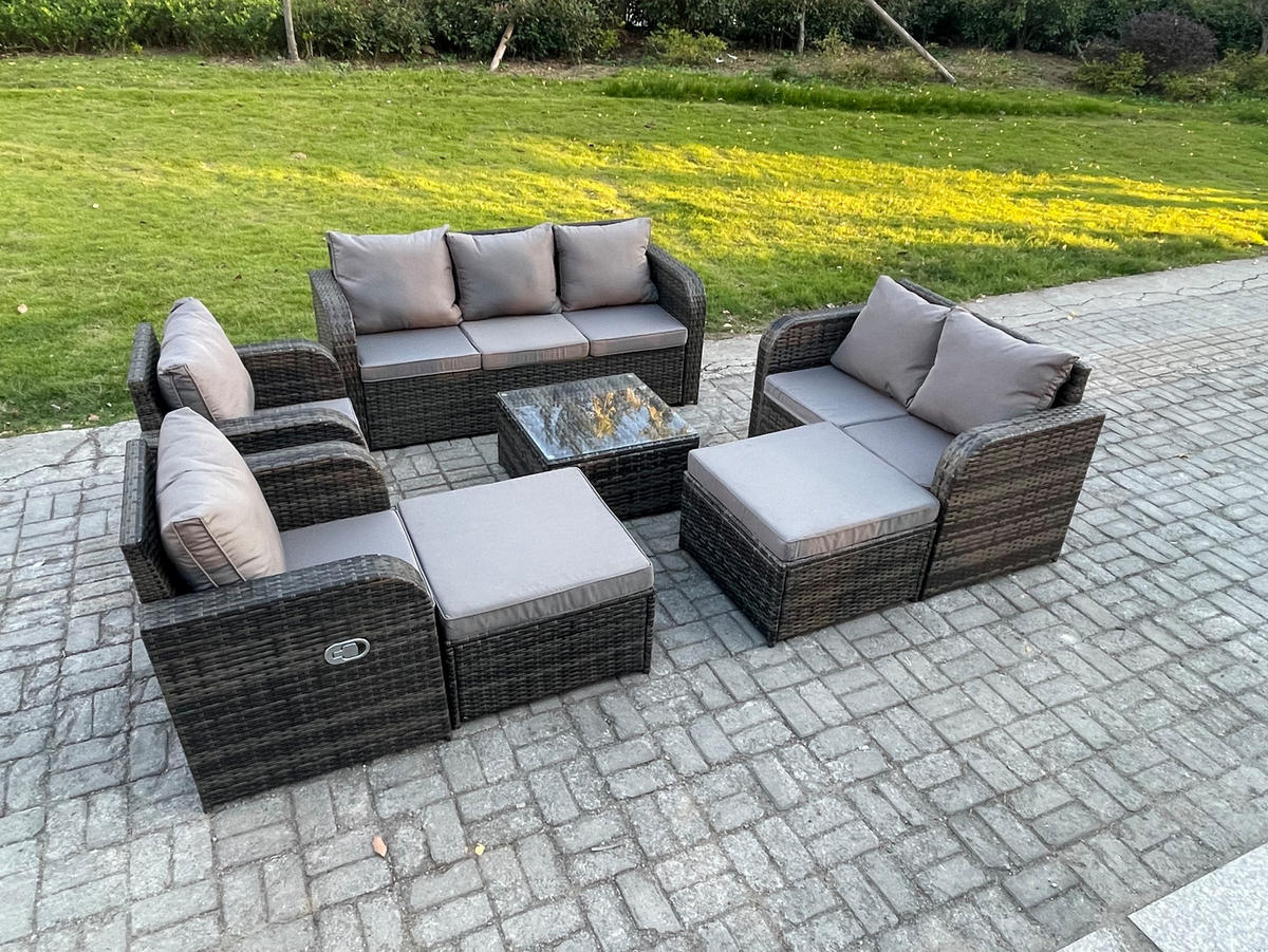 GARTENMÖBEL SET mit 3-SITZER SOFA Polyrattan Dunkelgrau 9-Sitzer - Dunkelgrau/Grau, Glas/Kunststoff - Fimous