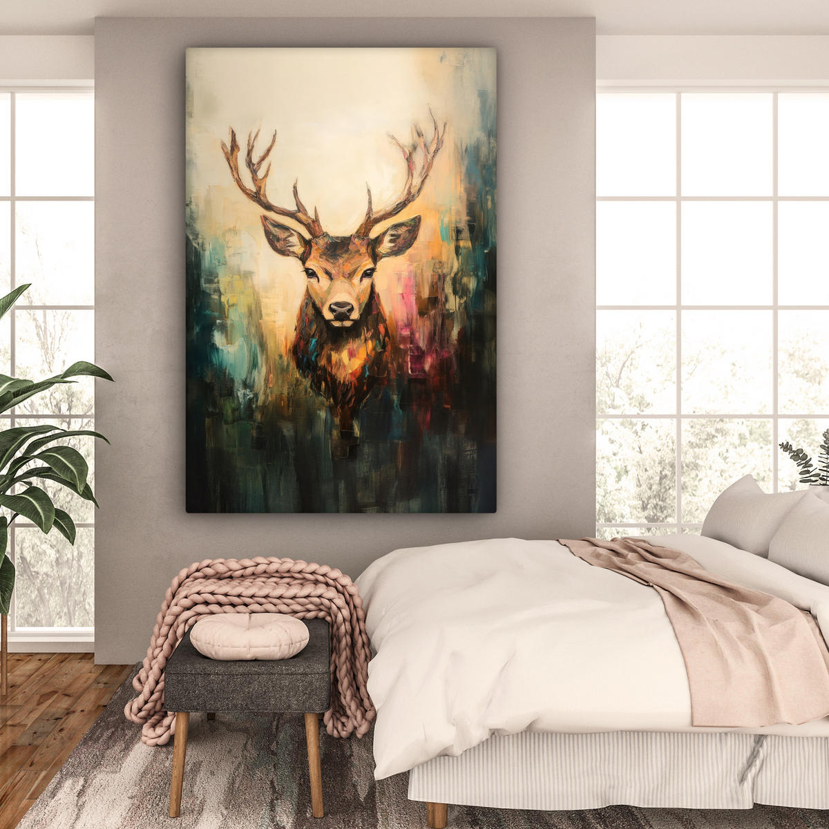 LEINWANDBILD Hirsch - Gemalt - Geweih - Braun 90x140 cm - Haselnussfarben, Textil (90/140cm) - MuchoWow