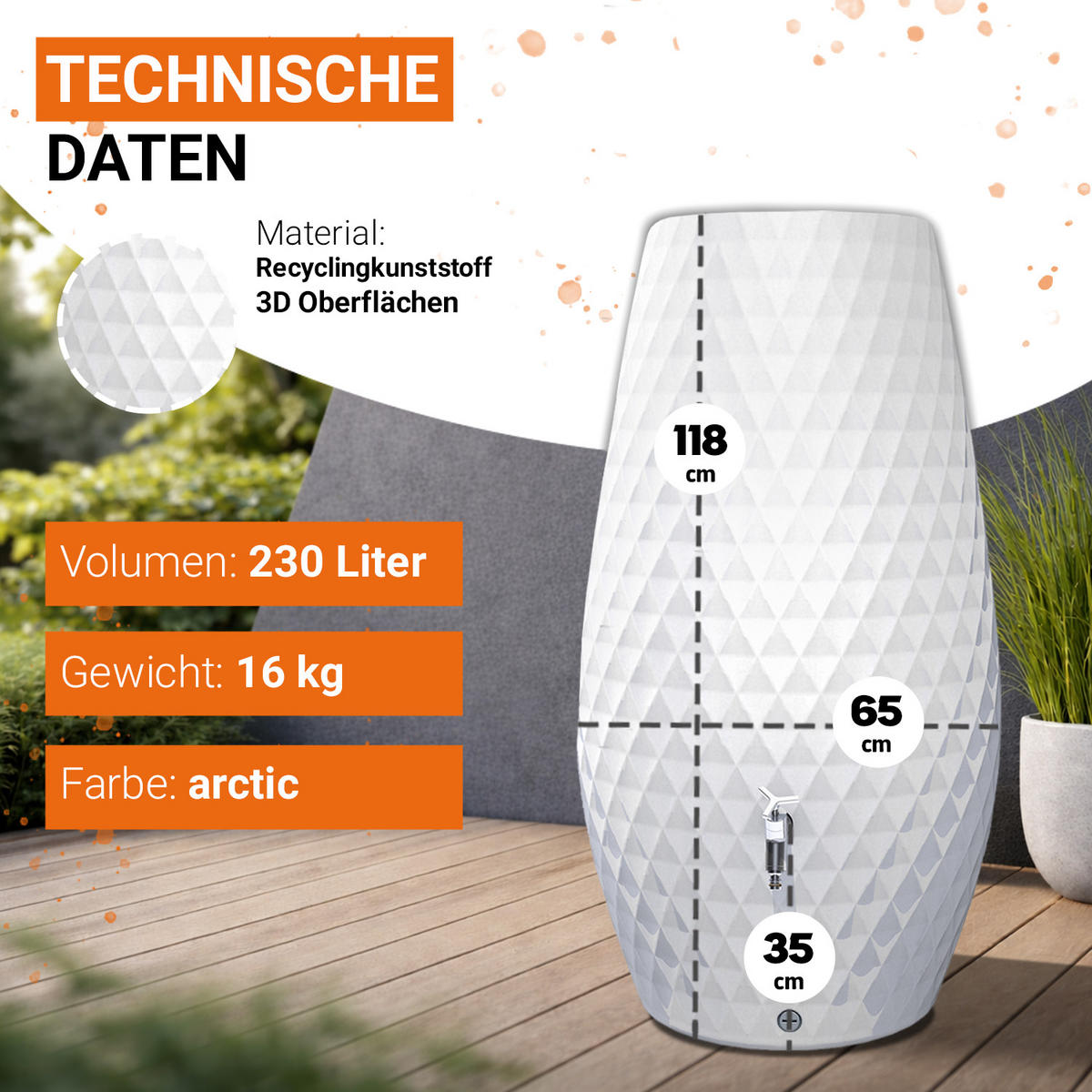2IN1 Regentonne 230 L, arctic mit integrierter Pflanzschale - Weiß, Kunststoff (53/118/65cm) - GARANTIA