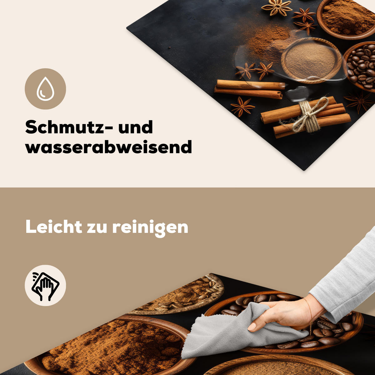 HERDABDECKPLATTE Zimt - Beton - Kaffee - Zimtstangen - Gewürze 71x52 cm - Mokka, Kunststoff (71/52/0.2cm) - MuchoWow