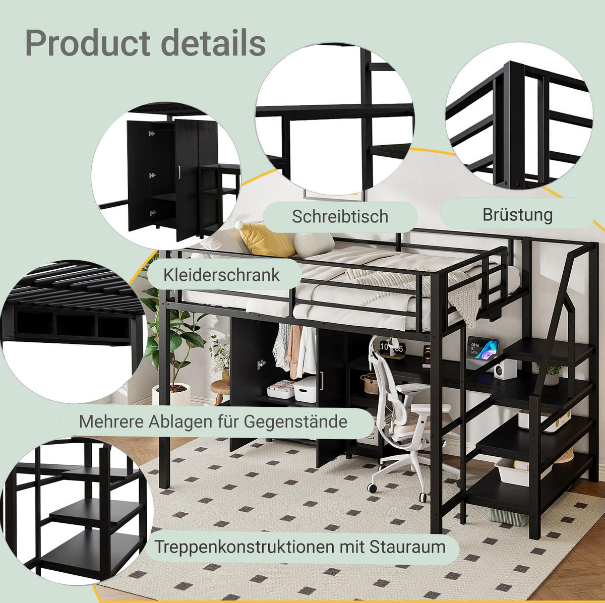 HOCHBETT 140/200 cm schwarz mit Kleiderschrank und integriertem Schreibtisch mit Matratze - Schwarz, Metall (140/200cm) - OKWISH