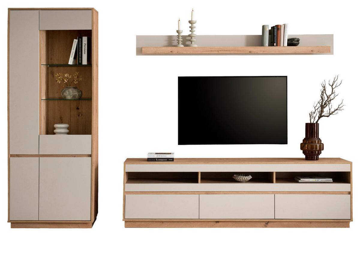 WOHNWAND Kaschmir, Artisan Eiche 3-teilig 292 cm, Schrankwand mit Soft-Close - Kaschmir/Eiche Artisan, Glas/Holzwerkstoff (292/205/45cm) - Furn.Design