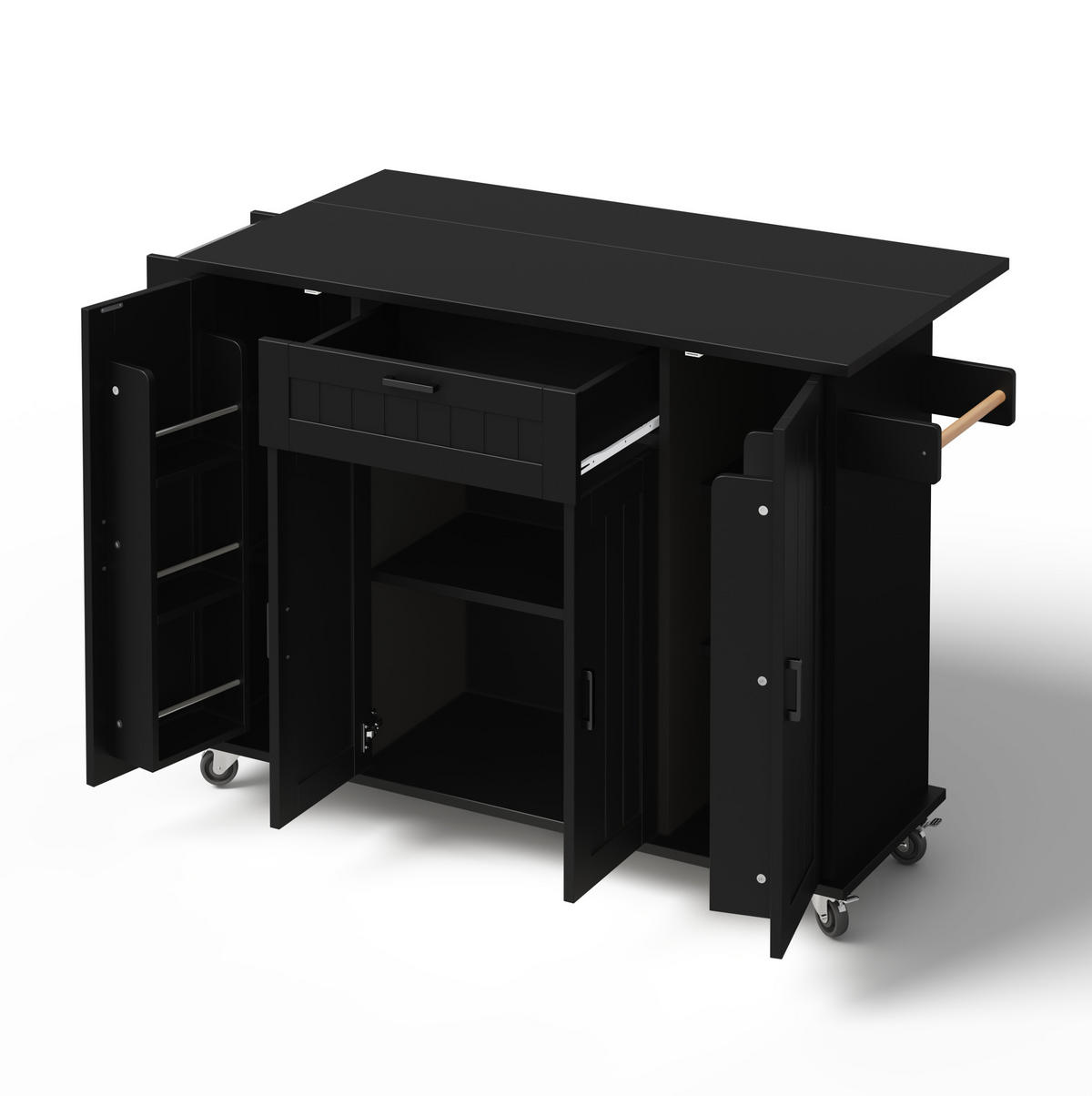 KUCHYŇSKÝ ostrůvek 120/45(70)/95 cm s klopnou pracovní deskou, 4 dvířky a kolečky, Černá - černá, kompozitní dřevo (120/95/70cm) - Redom