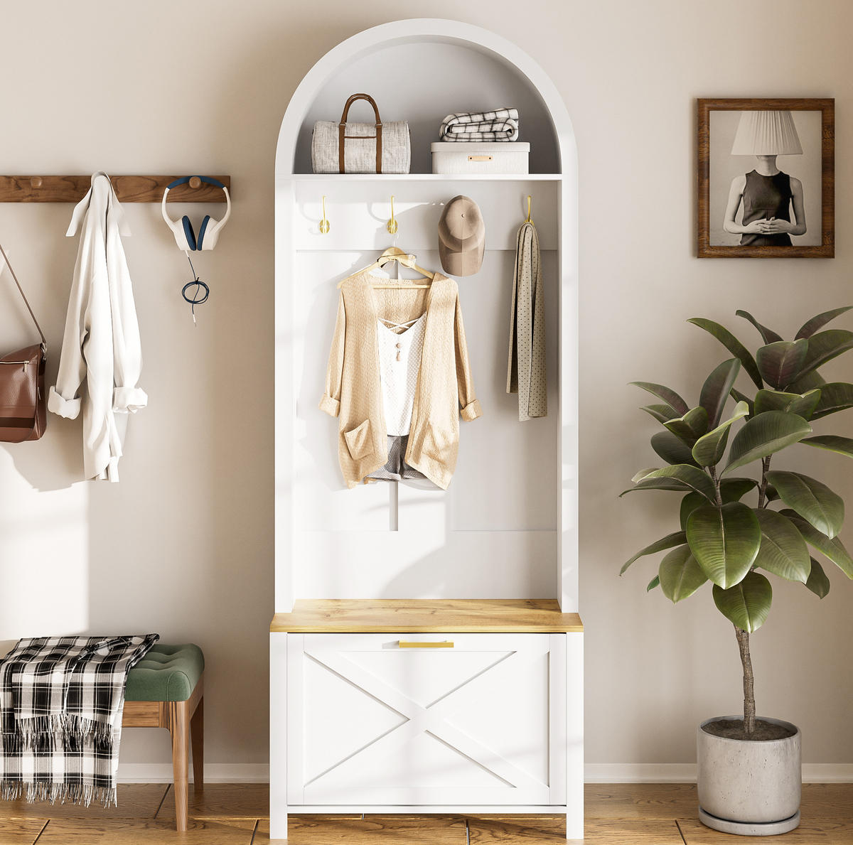 GARDEROBE 75/195/35 cm Weiß/Holzfarben aus MDF mit Schuhfach und Haken - Weiß, Holzwerkstoff (35/195/75cm) - OKMYHOME