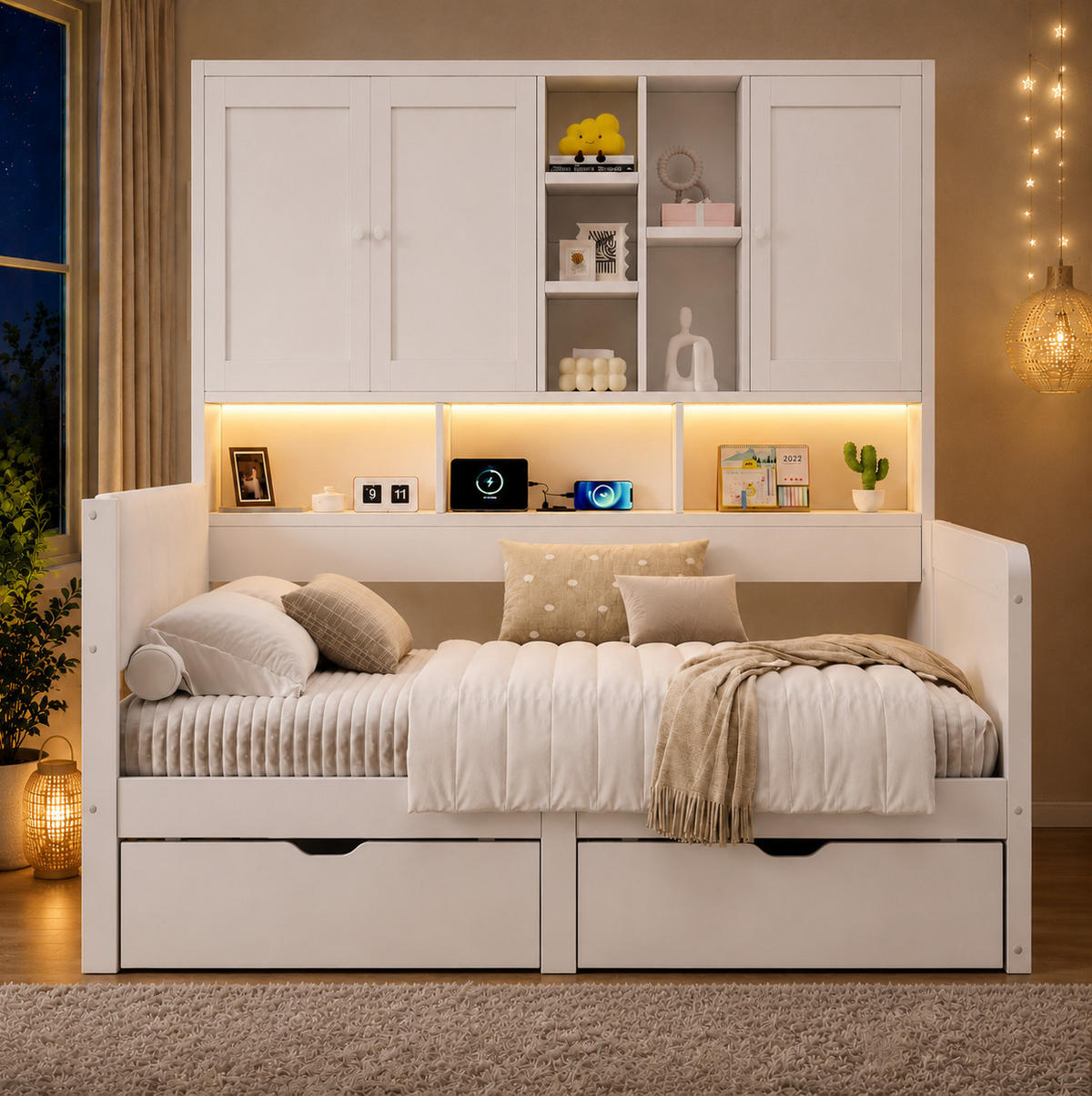 KINDERBETT aus MDF 90x200 cm Weiß mit LED-Beleuchtung, USB-C, Stauraum und PU-Kopfteil - Weiß, Holzwerkstoff (90/200cm) - Modfu