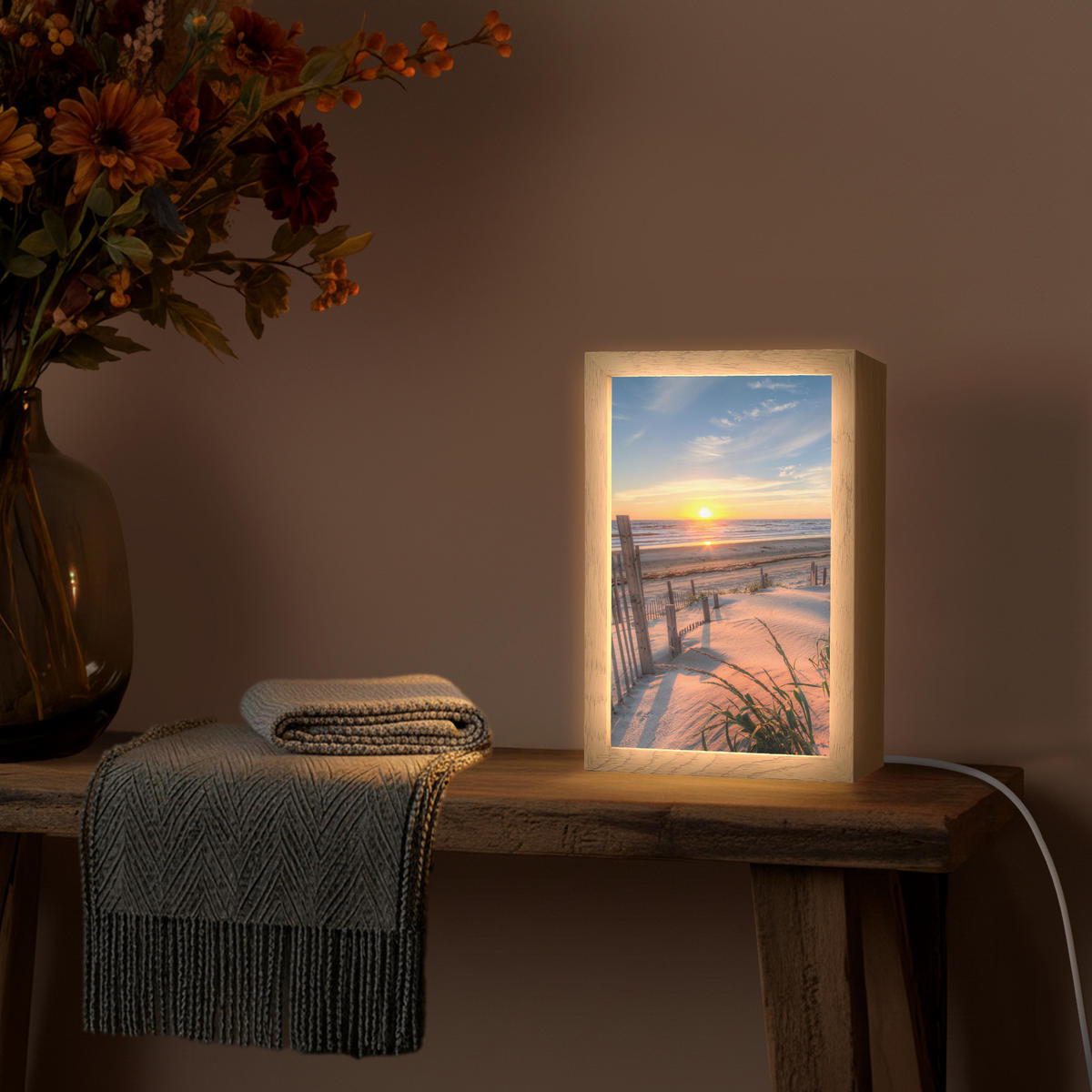 STOLNÍ LAMPA Pláž - Moře - Duna - Západ slunce - Krajina 20x30 cm - krémová, kompozitní dřevo (8/20/30cm) - OnlyWow