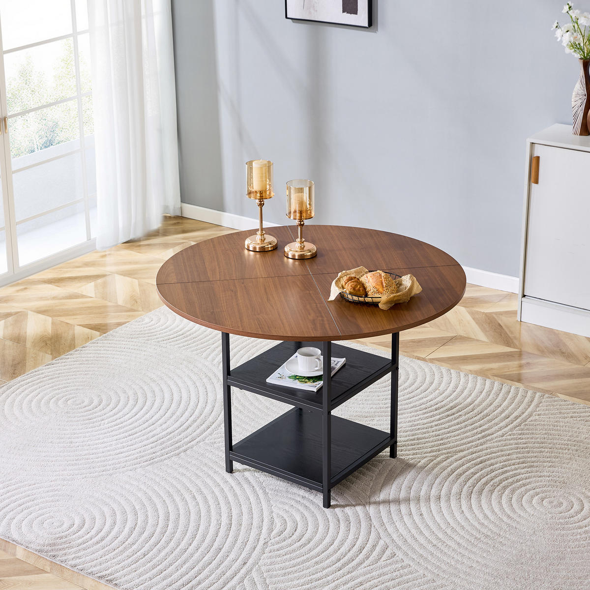 ESSTISCH 107/107/75 cm schwarz walnussfarben aus MDF und Metall mit doppelter Ablage - Schwarz, Holzwerkstoff (107/107/75cm) - OKWISH