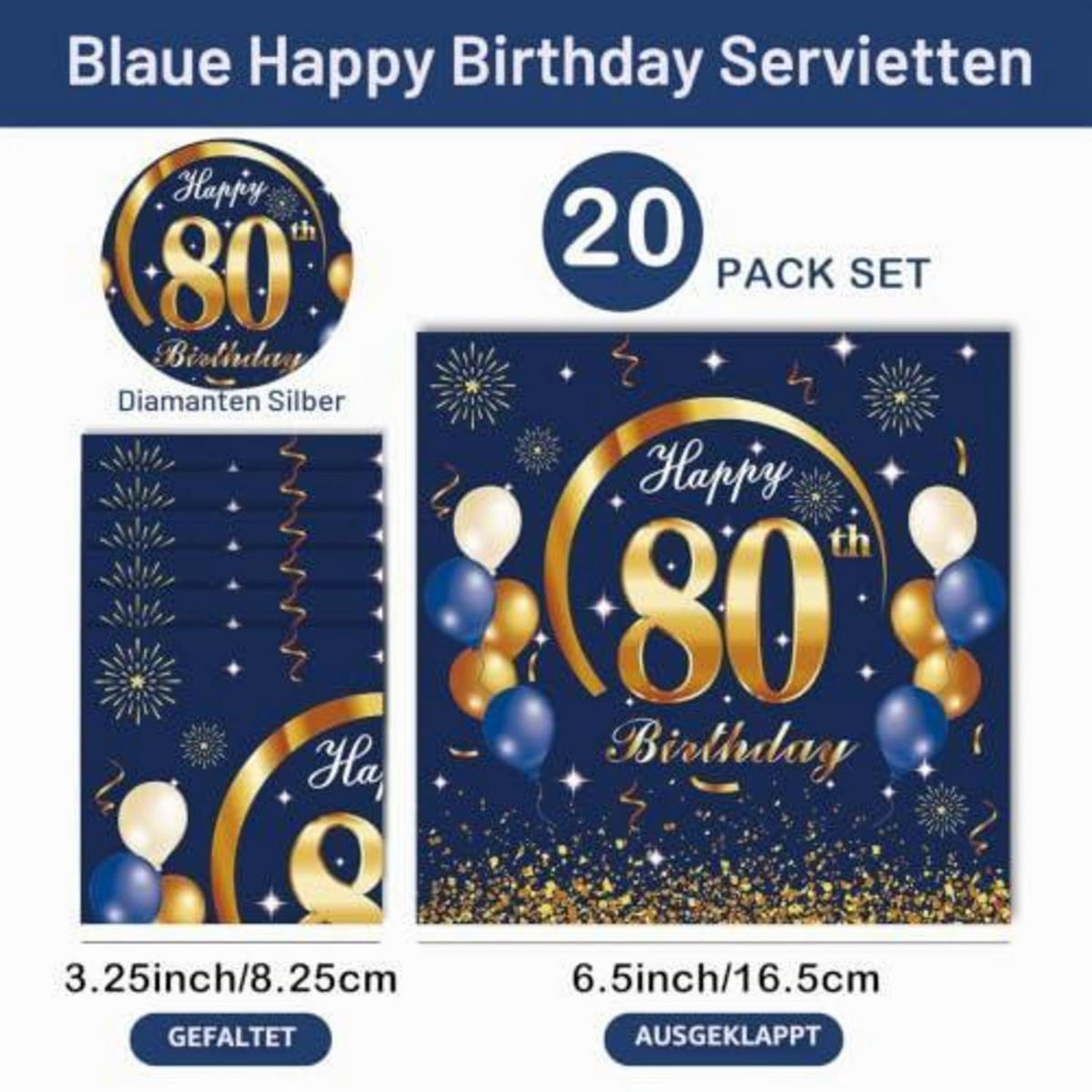 SERVIETTEN 20 Stück 80. Geburtstag Blau Gold 16.5 cm - Blau, Papier (16.5/16.5cm)