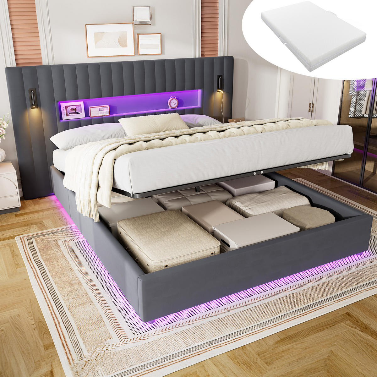 ČALOUNĚNÁ POSTEL 140 × 200 cm s matrací, úložným prostorem, lampičkou na čtení a USB, šedá, sametový potah - šedá, kov/kompozitní dřevo (180/200cm) - STILVORA