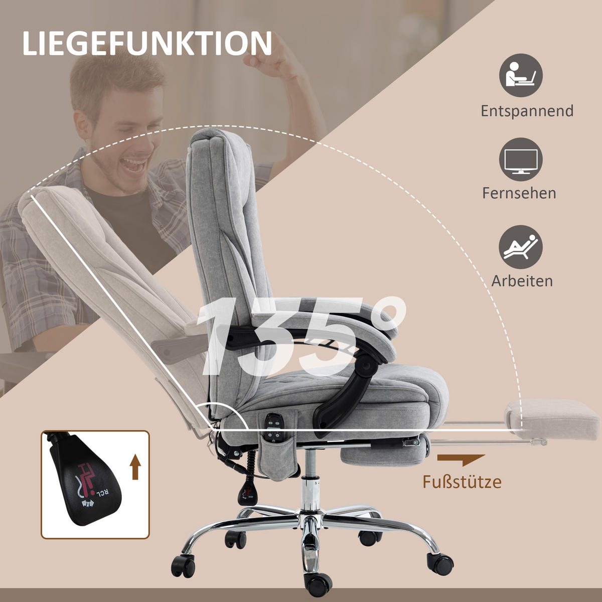 BÜROSTUHL mit Massagefunktion, Grau - Grau, Metall (67/119/72cm) - HOMCOM