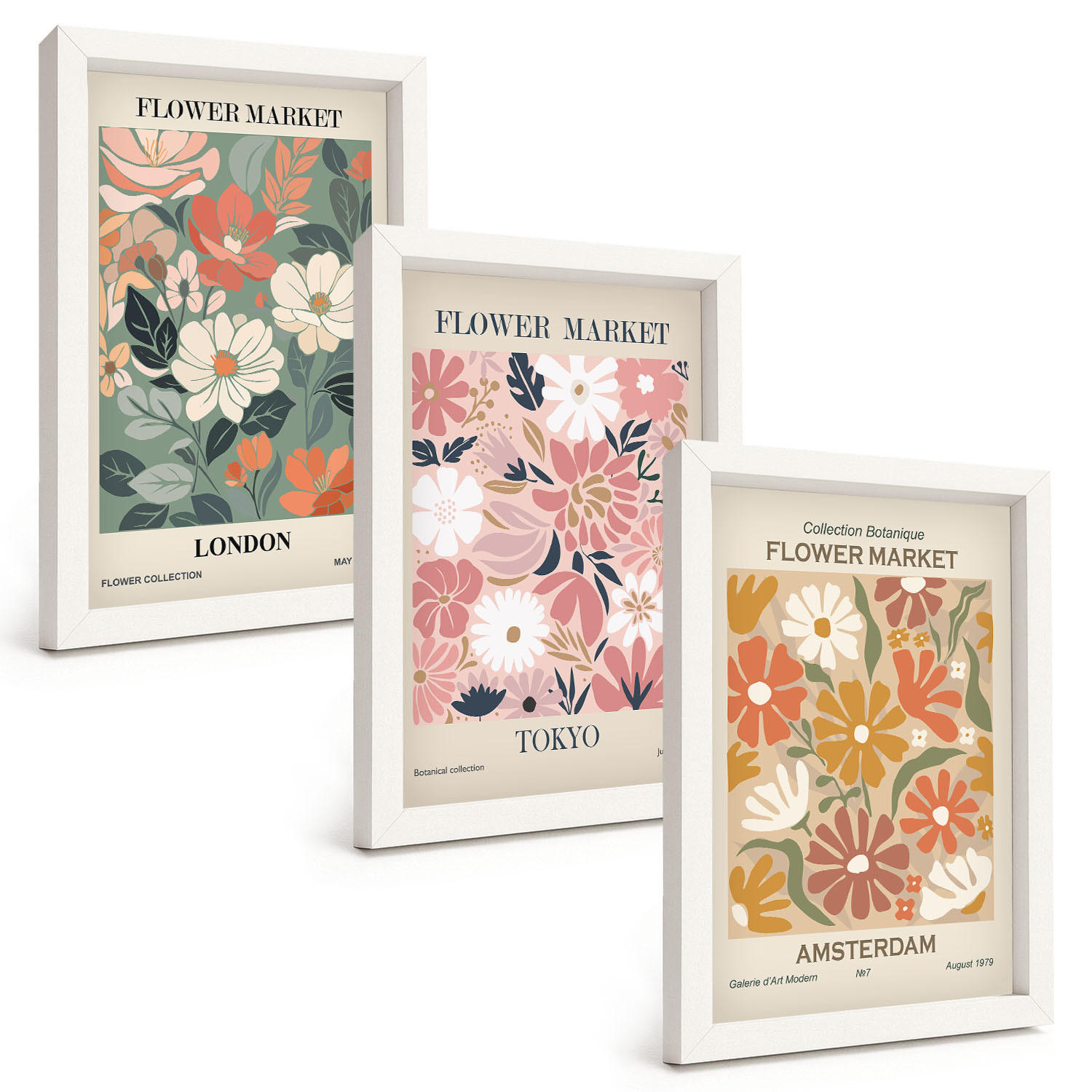 BILDER SET 3er Set - 20x30 cm Weißer Rahmen - Blumenmuster London Tokio Amsterdam - Weiß, Kunststoff (20/30cm) - TULUP