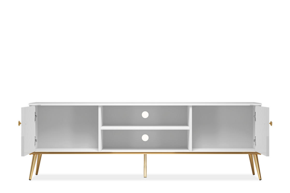 TV-LOWBOARD ISORIA auf hohen goldenen Beinen, Glas Weiß - Goldfarben/Weiß, Holz/Metall (160/53/40cm) - KONSIMO®