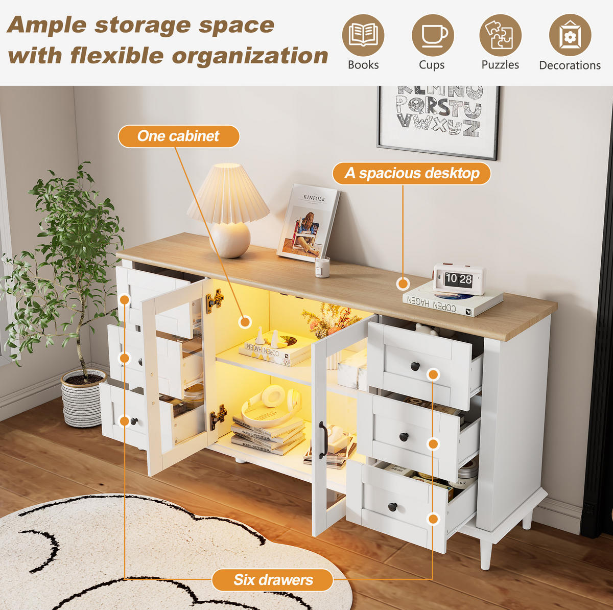 SIDEBOARD 150/40/75 cm Weiß und Holzton aus MDF mit LED-Beleuchtung - Weiß, Holzwerkstoff (40/75/150cm) - OKMYHOME