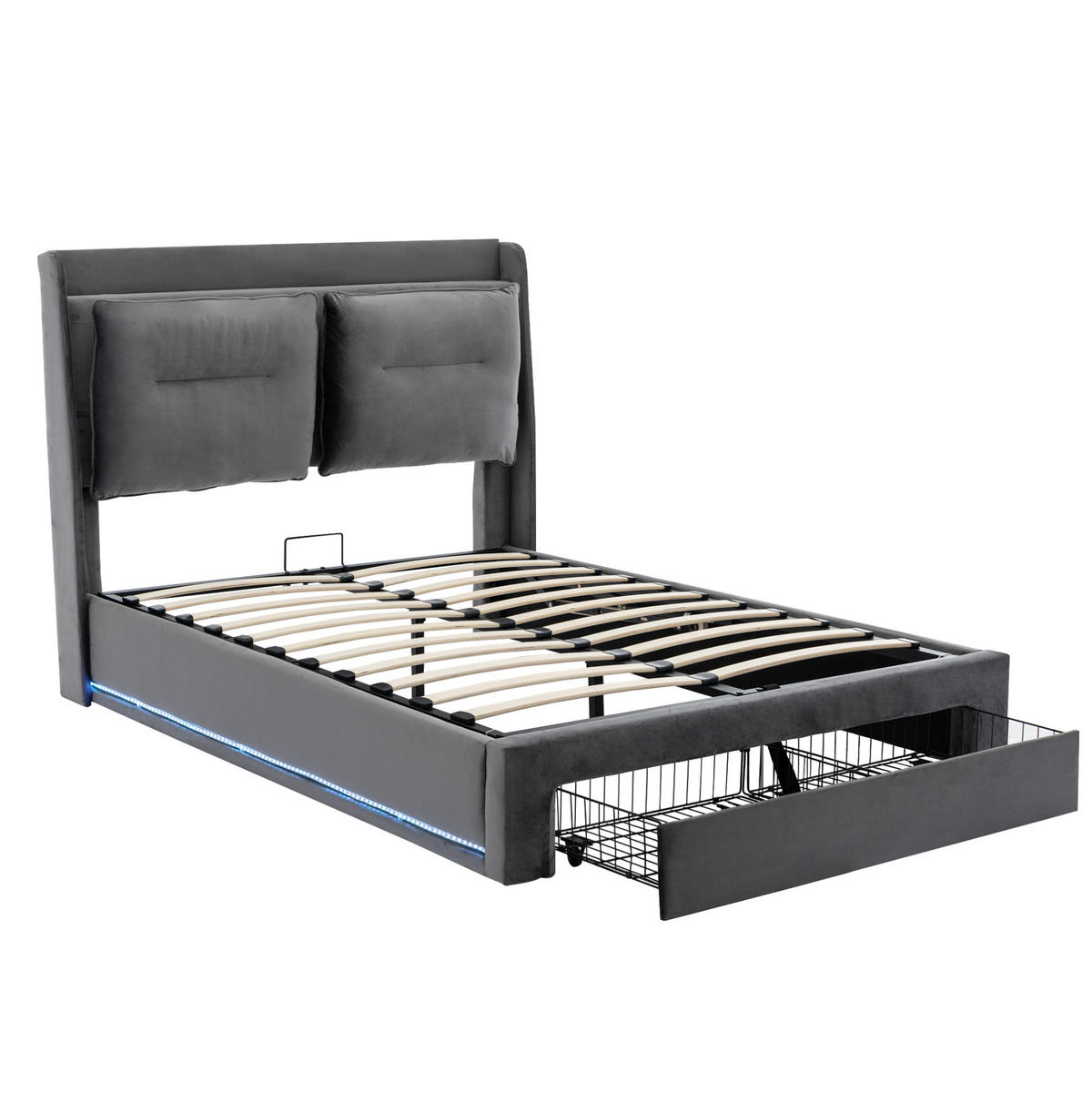 POLSTERBETT 140/190 cm Dunkelgrau mit hydraulischem Bettkasten und LED-Beleuchtung - Dunkelgrau, Textil (140/190cm) - OKWISH