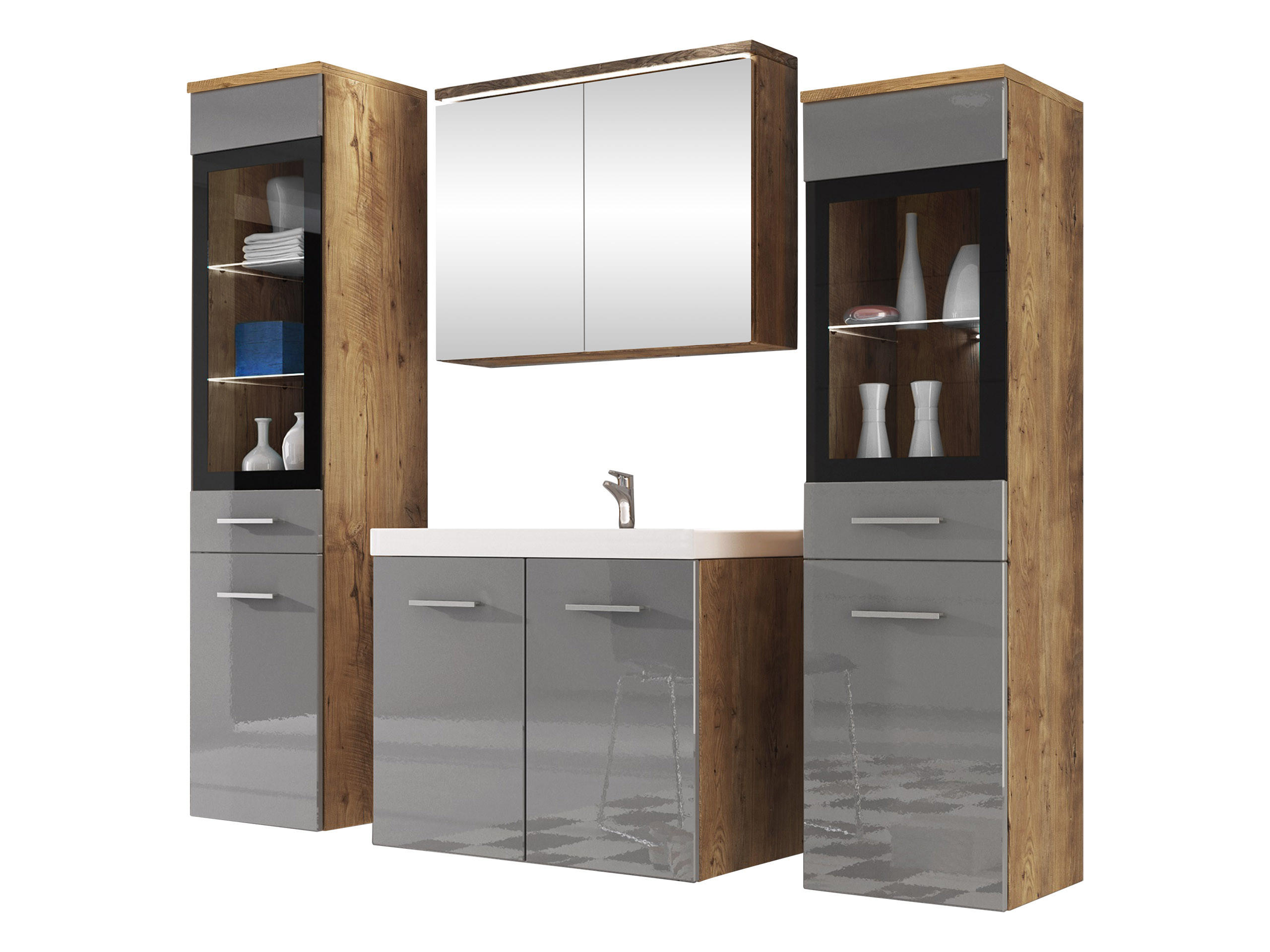 BADMÖBEL-SET Madrit II mit weißer LED Beleuchtung - Graubraun/Silberfarben, Holzwerkstoff/Kunststoff (132/132/30cm) - MIRJAN24