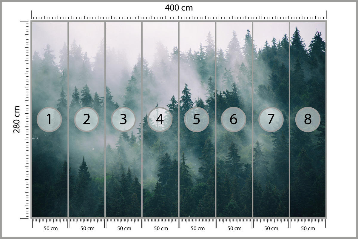 FOTOTAPETE Wald im Nebel Landschaft Natur 3D 400x280 - Türkis/Grau, Papier (400/280cm) - Muralo
