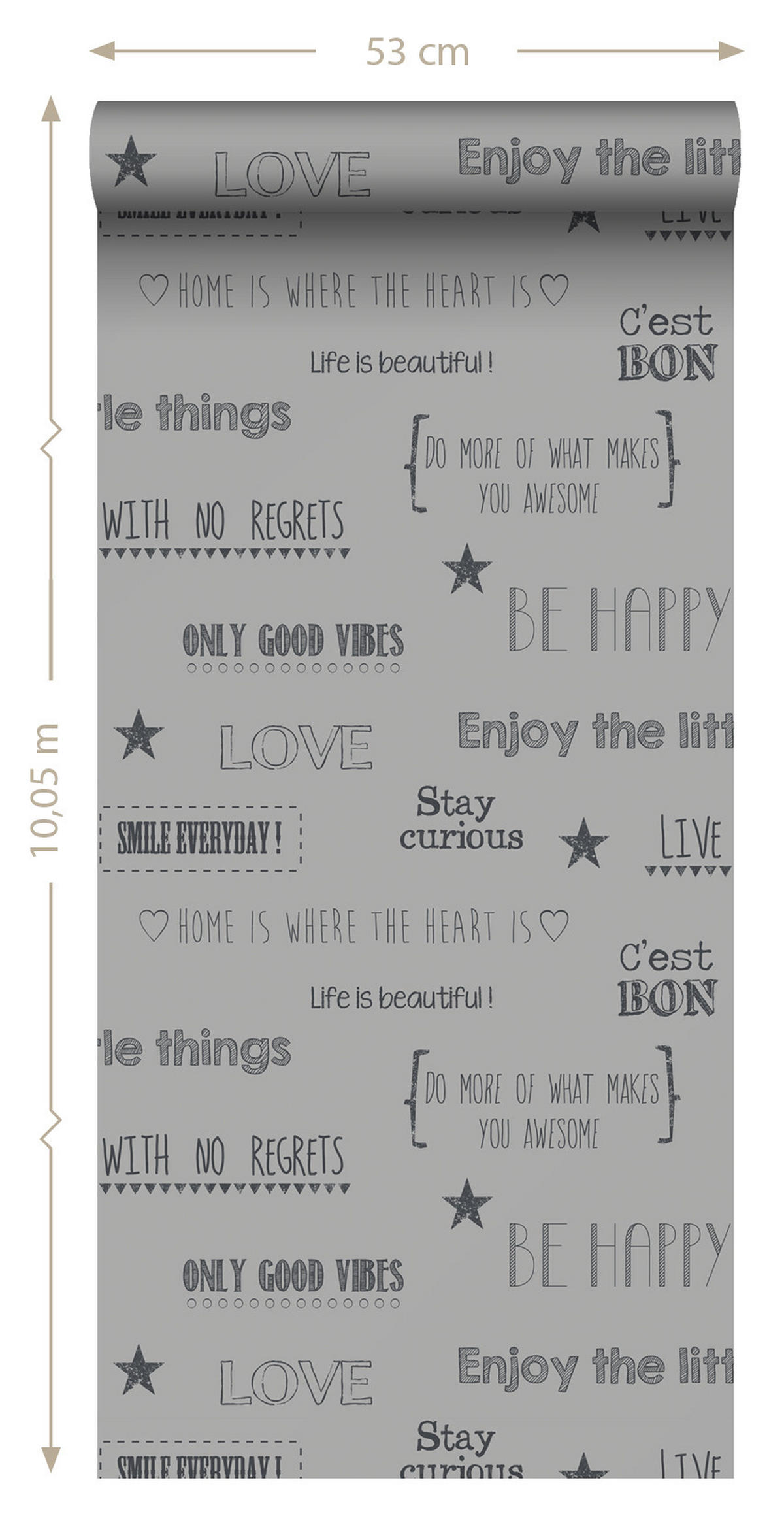 TAPETE Texte 53 cm x 10.05 m - Grau, Papier (53/1000cm) - Sanders & Sanders