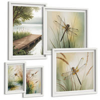 BILDER SET 5er Set - 50x50 cm & 20x30 cm & 40x60 cm Weißer Rahmen - Libellengräser über dem Wasser - Weiß, Kunststoff (40/60cm) - TULUP