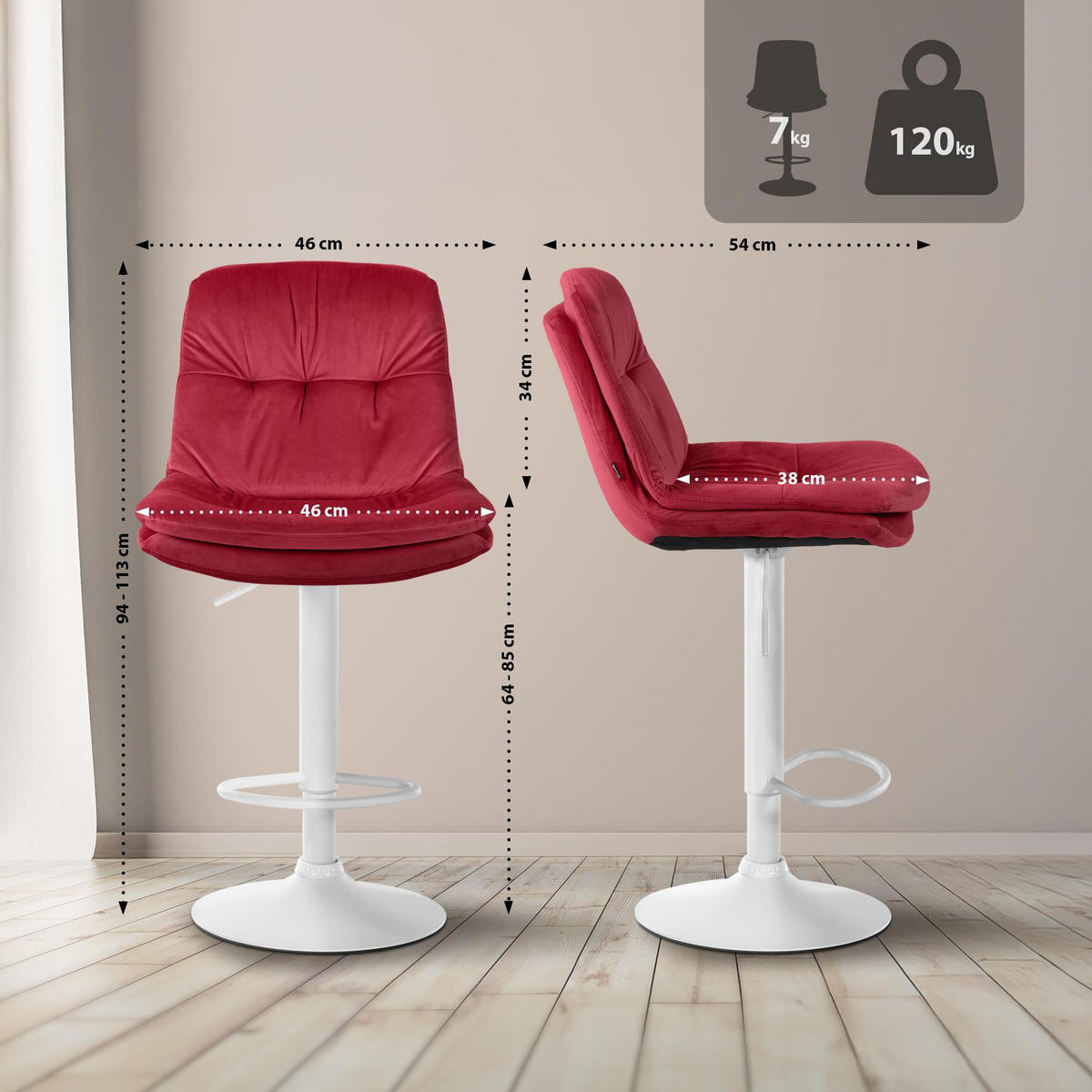 BARHOCKER Samt rot - Rot/Schwarz, Textil (46/94/54cm) - CLP