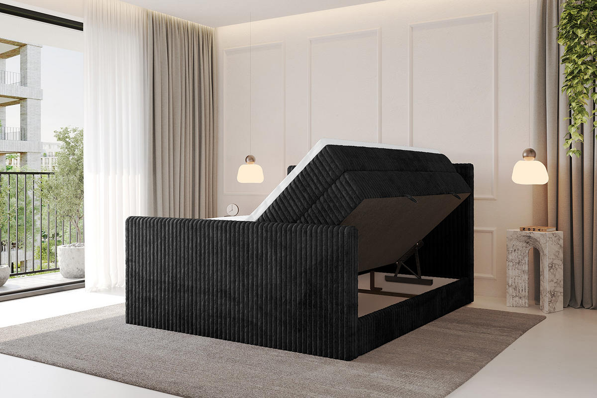 BOXSPRINGBETT mit Matratze H3|H4 und Lattenrost - TOLO-Z KING 200x200 Cord - Schwarz - Schwarz, Holzwerkstoff (200/200cm) - ALTDECOR