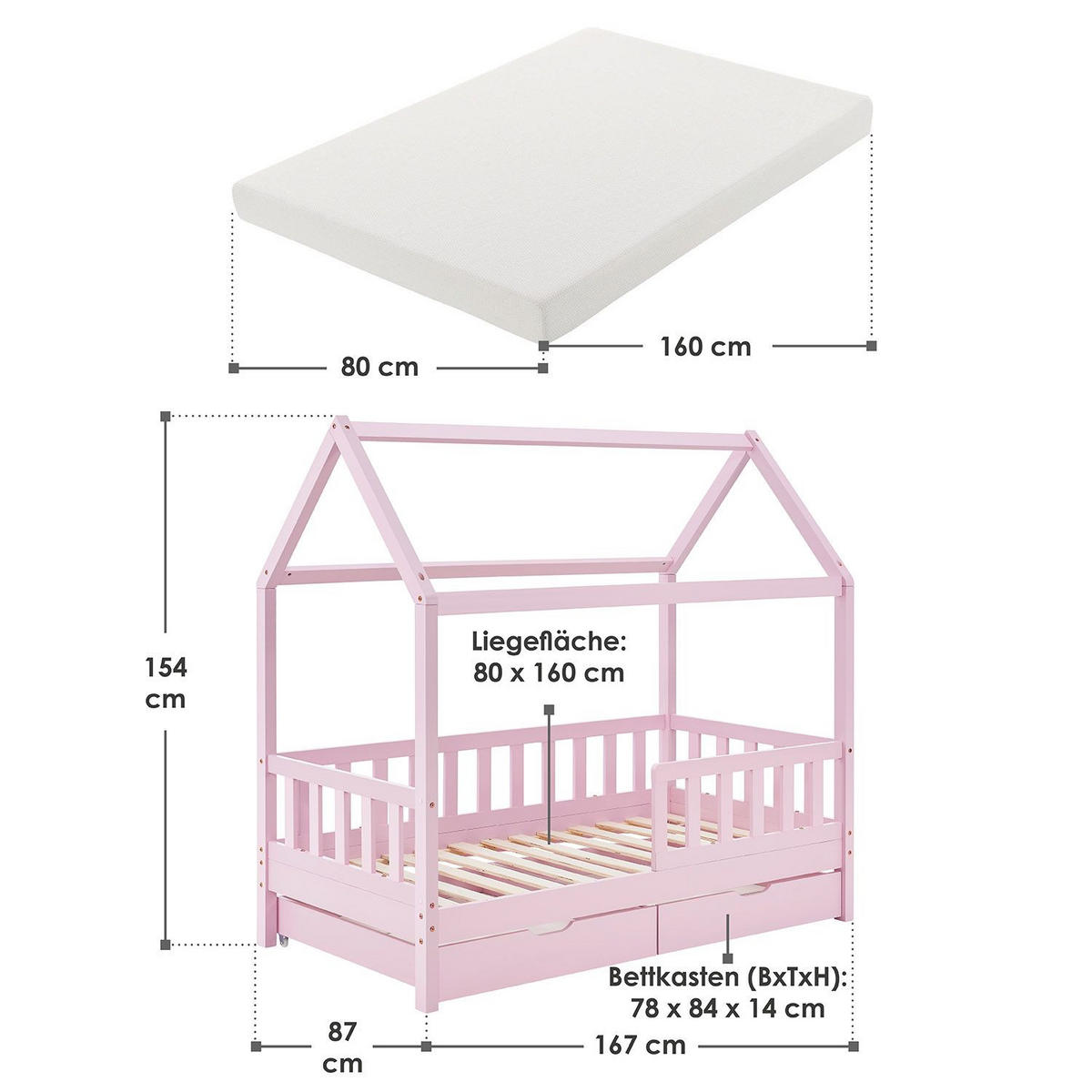 KINDERBETT Marli rosa 80x160 cm mit Bettkasten und Matratze - Rosa, Holz (80/160cm) - Juskys