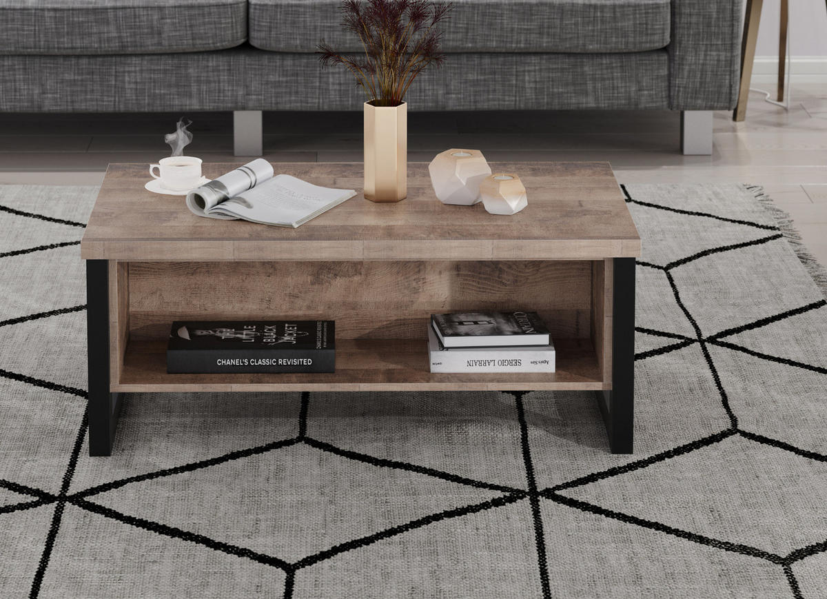 COUCHTISCH Eiche Tabak, schwarz 110 x 65 cm, Beistelltisch mit Ablage - Eichefarben/Schwarz, Holzwerkstoff (65/110/45cm) - Top.Furn