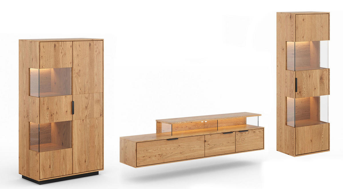 WOHNWAND Tirano 3er-Set Eiche Natur - Eichefarben/Schwarz, Holz/Metall (326/147/39cm) - Feldmann-Wohnen