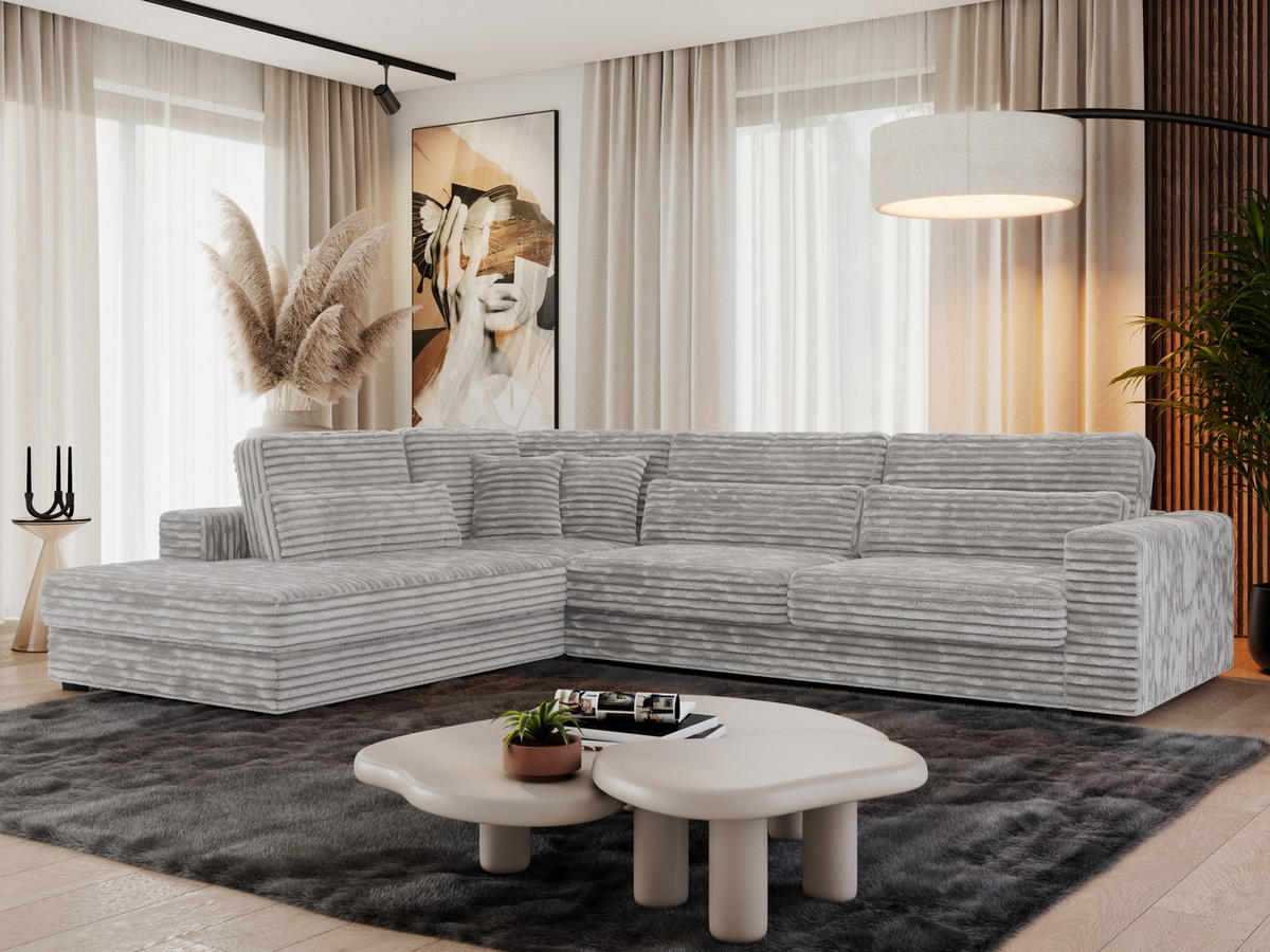 ECKSOFA Savona Hellgrau breiter Cord - links - Hellgrau/Schwarz, Kunststoff/Textil (316/249cm) - MKS