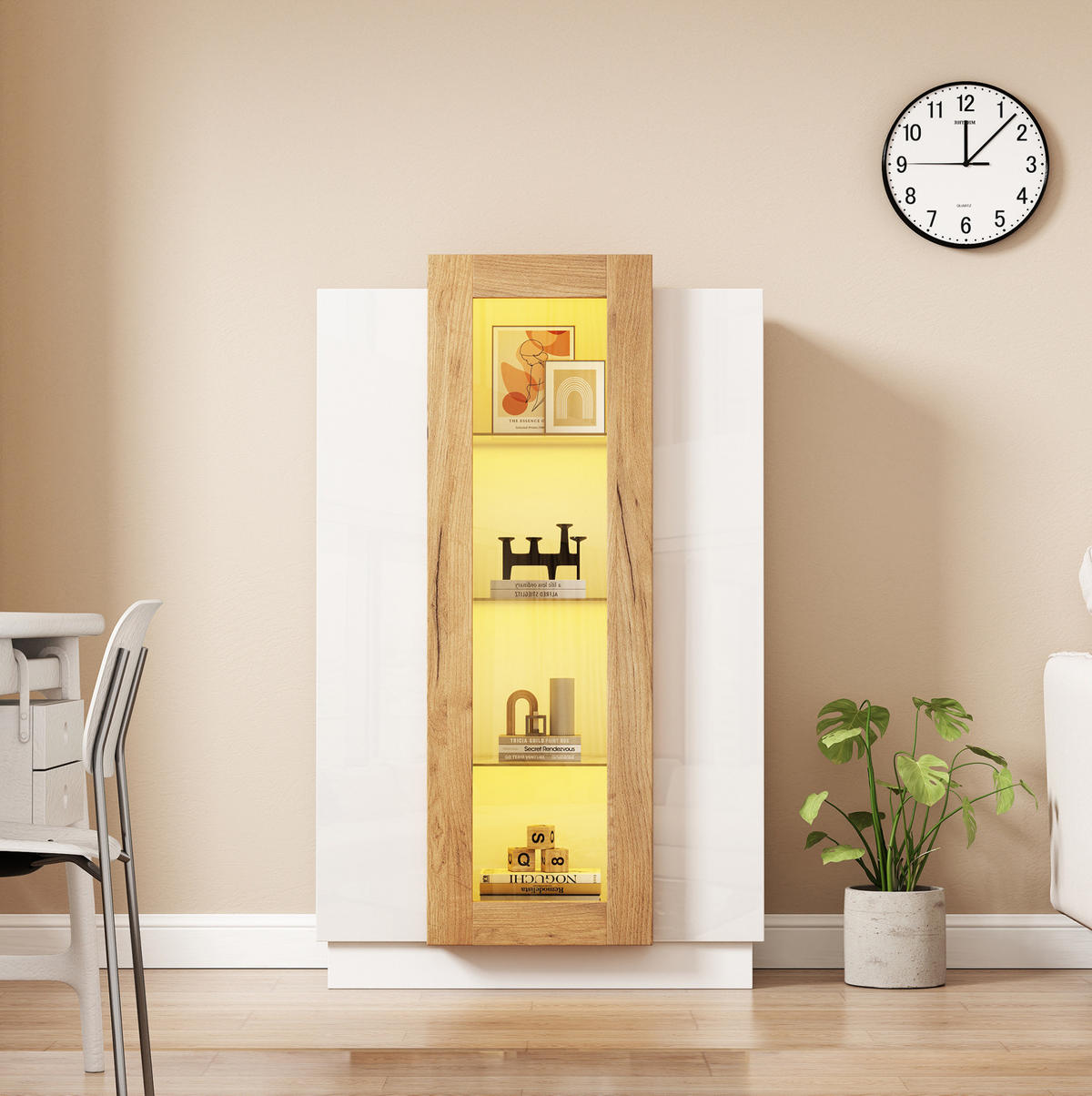 VITRINE 74/40/120 cm in Weiß/Natur mit 3 Türen und LED-Beleuchtung - Weiß, Holzwerkstoff (74/120/40cm) - Flora Grace