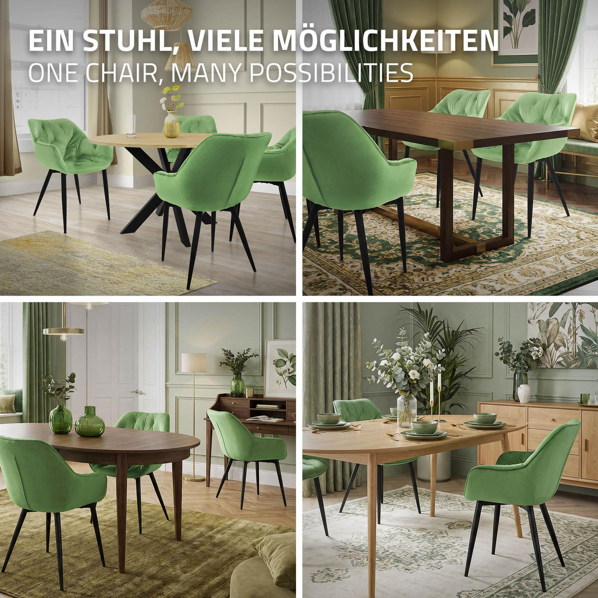 JÍDELNÍ ŽIDLE, sada 6 ks, šalvějový samet - černá/zelená barva, kov (67/83/59cm) - ML-DESIGN