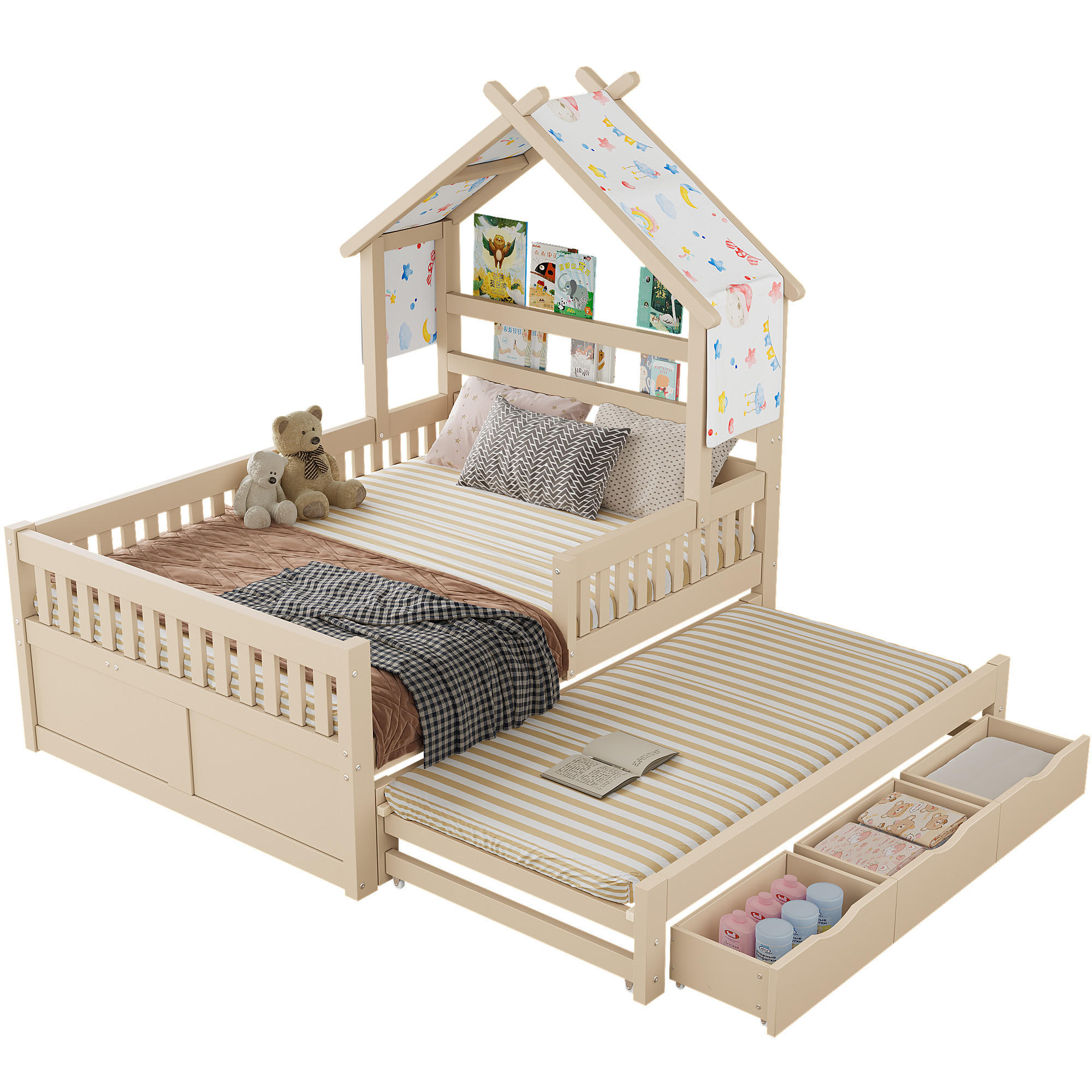 BETT 140/200 cm in Cream aus Kiefer, MDF und Sperrholz mit Ausziehbett, 3 Schubladen und Schutzgitter - Creme, Holz/Holzwerkstoff (140/200cm) - WISHDOR