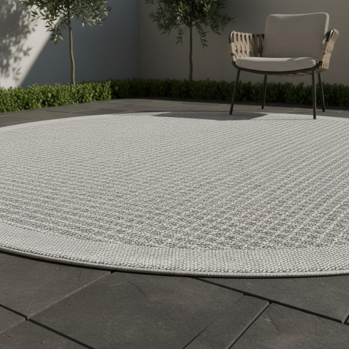 TEPPICH Outdoor Flachgewebe Uni-Farbe Polypropylen Balkon Grau Rund 200x200 - Grau, Textil (200/200cm) - KADIMA DESIGN